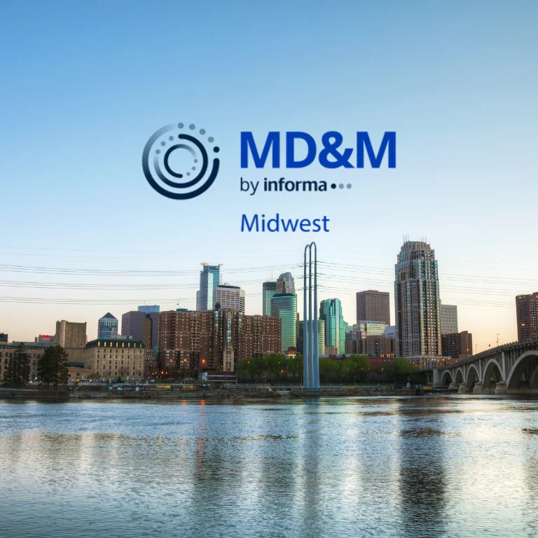 MD&M Midwest logo above the Minneapolis skyline at dusk, reflected in the Mississippi River.